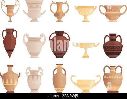 Old ancient vessel. Clay jug cups and amphoras with patterns ceramics antique jug vector pictures Stock Vector