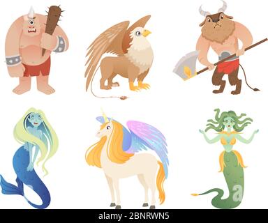 Mythical creatures. Flying lion cyclop minotaur pegasus griffin centaur vector cartoon characters Stock Vector
