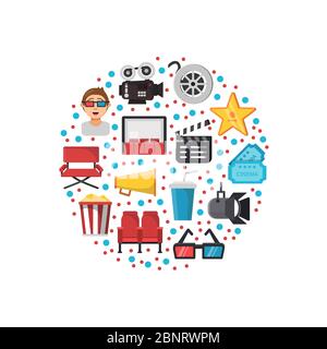 Vector flat cinema icons in circle shape with confetti illustration Stock Vector