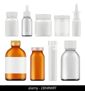Pharmaceutical white bottles. Blank medicament supplement box or packages realistic white empty vector containers Stock Vector