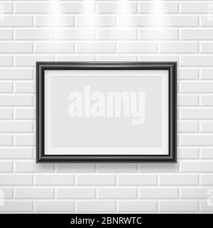 Frame on wall. Modern picture frame for painting or photo advertising poster on canvas vector realistic mockup for exhibition Stock Vector
