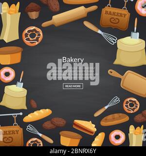 Vector cartoon bakery elements sale poster background with ribbons and shadows with place for text illustration Stock Vector