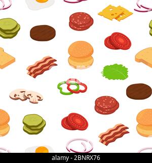 Vector isometric burger ingredients pattern background illustration Stock Vector