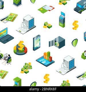 Vector isometric money in bank icons pattern illustration Stock Vector