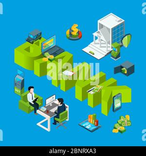 Vector isometric money flow in bank icons infographic concept illustration Stock Vector