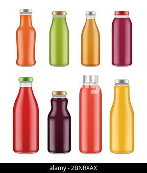 Juice bottles. Transparent jar and packages for colored liquid food and drinks vector mockup Stock Vector