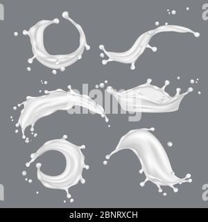 Milk splashes. White drop liquid fresh food from cow vector realistic template Stock Vector