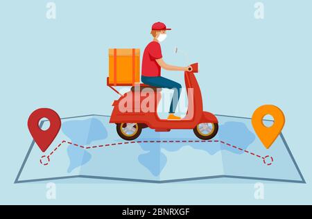 Food delivery quarantine illustration. Restaurant courier in mask with bag. Stock Vector