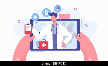 Cartoon human hands holding tablet chatting with doctor online vector flat illustration Stock Vector