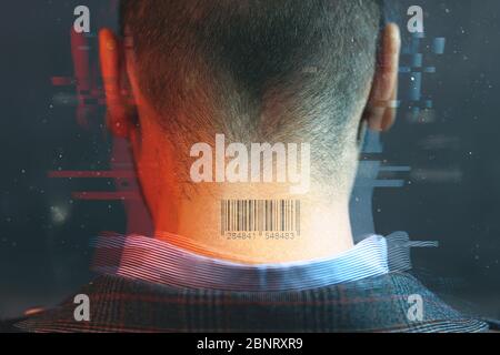 Back of man's neck with barcode. Photo in futuristic stylization with glitches Stock Photo