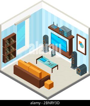 Living room interior. Entertainment home theatre table console tv set computer audio system vector isometric picture Stock Vector