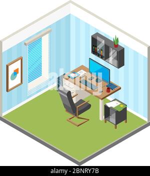 Isometric home workspace. Designer freelancer office workplace art production studio computer monitor vector illustrations Stock Vector