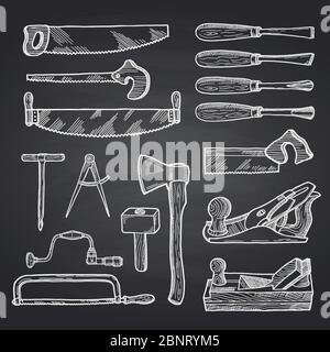 Vector hand drawn carpentry on black chalkboard Stock Vector