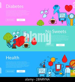 Vector colored diabetes icons web banner templates illustration Stock Vector