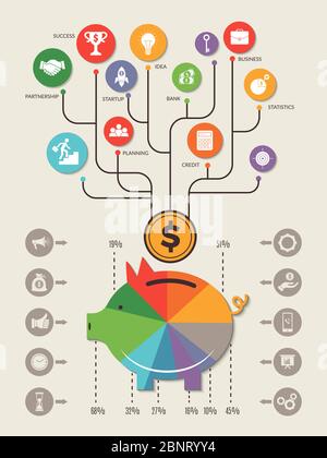 Pig infographic. Save home money cash personal investment bank vector business template Stock Vector