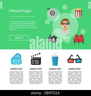 Vector flat cinema icons landing page template illustration Stock Vector