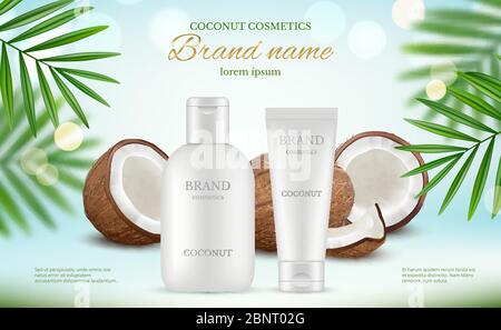 Coconut cosmetic. Advertizing poster with cream tubes and fresh coco and natural body milk splashes vector realistic Stock Vector