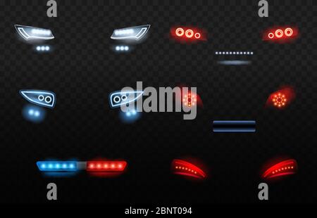 Automobile led light. Red and white car headlights in night police car vector realistic lights Stock Vector