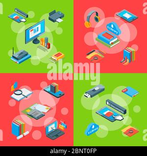 Vector isometric online education icons infographic concept illustration Stock Vector