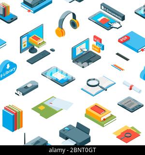 Vector isometric online education icons pattern or background illustration Stock Vector
