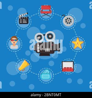 Vector flat cinema icons illustration on blue Stock Vector