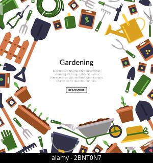 Vector flat gardening icons background with place for text illustration Stock Vector