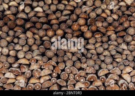 Precisely layered pile of wood from different cut firewood, heating material, sustainable reforestation Stock Photo