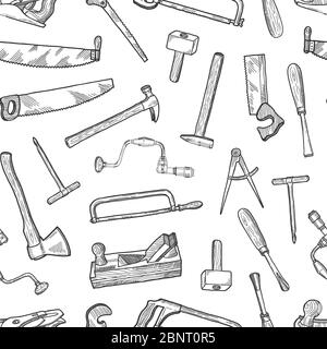 Vector hand drawn carpentry elements pattern or background illustration Stock Vector