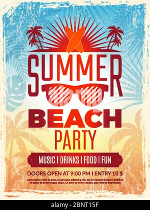 Summer retro poster. Vacation tropical beach summer party invitation retro placard vector template Stock Vector