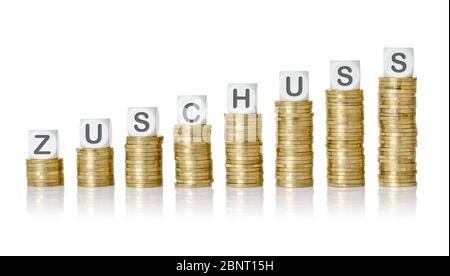 Coin stacks with letter dice - Grants - Zuschuss German Stock Photo