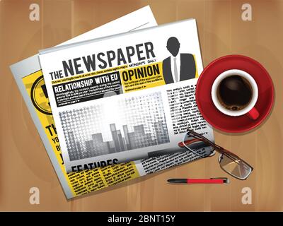 Newspaper with coffee cup. Magazine or newspaper press cover top view on table breakfast news with hot tea vector picture Stock Vector