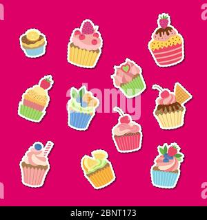 Vector cute cartoon muffins or cupcakes stickers set illustration Stock Vector