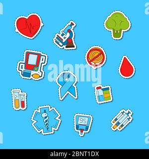 Vector colored diabetes icons stickers set illustration Stock Vector