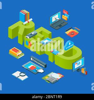 Vector isometric online education icons infographic concept illustration Stock Vector