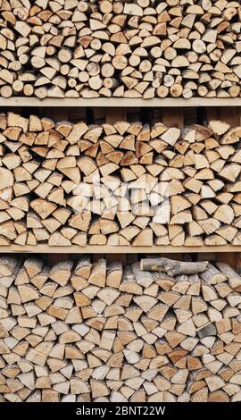 Precisely layered pile of wood from different cut firewood, heating material, sustainable reforestation Stock Photo