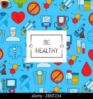 Vector colored diabetes icons background with place for text illustration Stock Vector