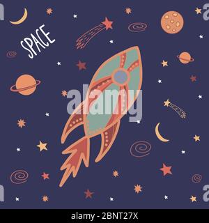 Colorful cute cartoon doodle rocket in outer space. Galaxy pattern for prints on t-shirt, fabric, paper. Vector stock illustration. Stock Vector