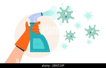 Coronovirus disinfection. Hand in red antibacterial glove green spray kills coronovirus. Stock Vector