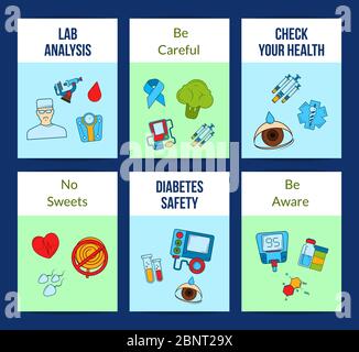 Vector colored diabetes icons card or flyer template illustration Stock Vector
