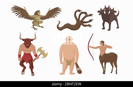Mythical creatures greece. Ancient greek mythological characters centaur with bow minotaur battle ax. Stock Vector