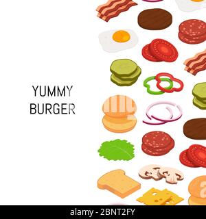 Vector isometric burger with color ingredients background Stock Vector