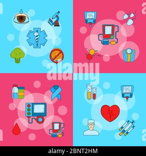 Vector colored diabetes icons infographic concept illustration Stock Vector