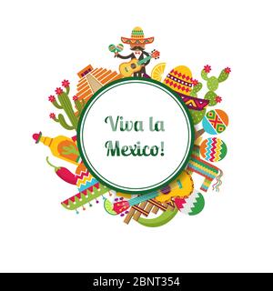 Vector flat Mexico attributes circle with place for text illustration Stock Vector