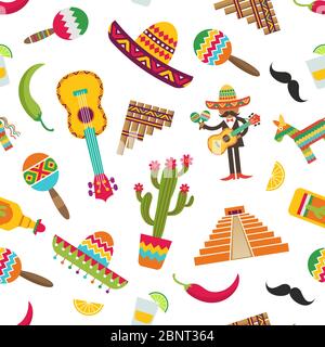 Vector flat Mexico attributes pattern or background illustration Stock Vector