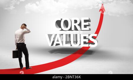 Rear view of a businessman standing in front of CORE VALUES inscription, successful business concept Stock Photo