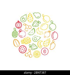 Vector line fruits icons in circle shape illustration Stock Vector