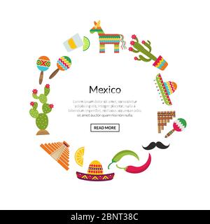 Vector flat Mexico attributes in circle shape Stock Vector