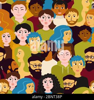 Colorful diverse crowd seamless pattern vector flat illustration various people face expression Stock Vector
