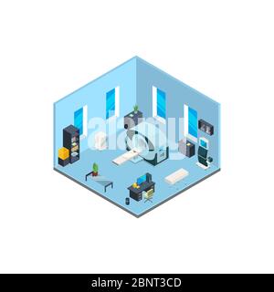 Vector isometric hospital interior with furniture and medical equipment illustration Stock Vector