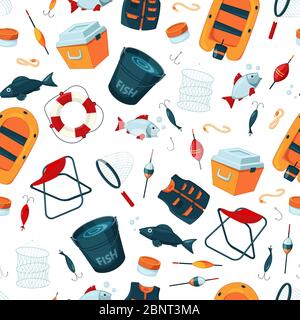 Vector pattern or background illustration with cartoon fishing equipment Stock Vector